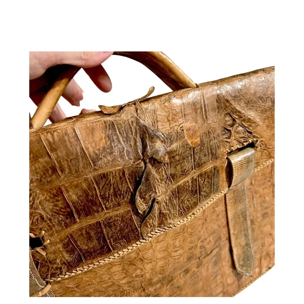 Vintage Alligator Crocodile Skin Briefcase Brown Exotic Leather‎ Lizard Trim